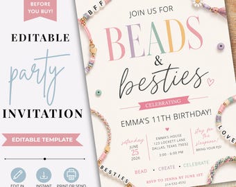 Szablon zaproszenia urodzinowego Beads & Besties, zaproszenie na przyjęcie z bransoletką przyjaźni, edytowalny piżamowy wieczór dla nastolatków