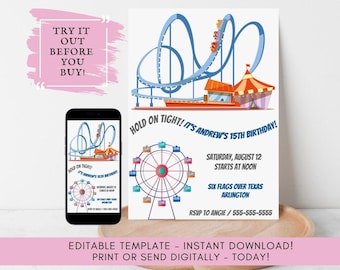 Amusement Park Birthday Invitation: Editable Theme Party Invite (Digital)