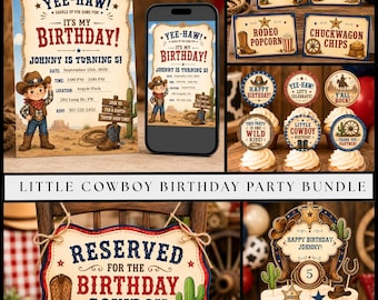 Paquete de fiesta de cumpleaños de pequeño vaquero, decoraciones del salvaje oeste, paquete de fiesta de rodeo imprimible, decoración de cumpleaños del oeste editable, descarga digital