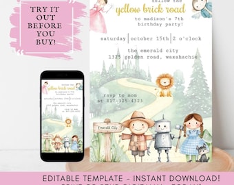 May include: A digital invitation template with a Wizard of Oz theme. The design features illustrations of characters, a yellow brick road, and event details. The invitation is displayed on a phone and a printed card.