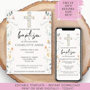 Wildflower Baptism Invitation Template - Floral Baptism Invite Editable | Girl Baptism Invitation - Wild Meadow Theme | Printable & Digital