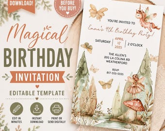 Fairy Birthday Invitation Editable Template Woodland Whimsical Girl Party Invite