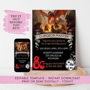 Dungeons & Dragons-verjaardagsuitnodiging - bewerkbare sjabloon | DnD-verjaardagsuitnodiging: afdrukbaar en digitaal | Verjaardagsuitnodiging fantasie-RPG