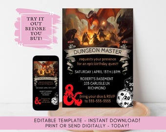 Dungeons & Dragons Birthday Party Invite - Editable Template | DnD Birthday Invitation - Printable and Digital | Fantasy RPG Birthday Invite