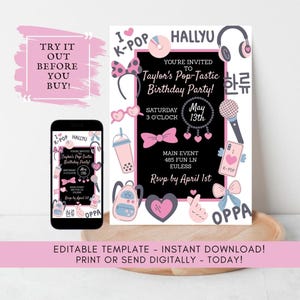 K-Pop Birthday Invitation Template | Editable & Printable | Digital Download | Pop Music Party Invite | Hallyu Theme Birthday Korean