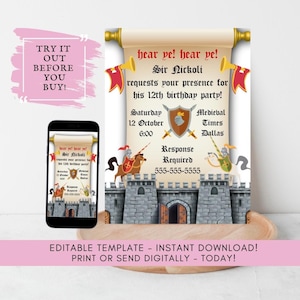 Medieval Birthday Party Invitation Template: Knights Event (Digital Download)