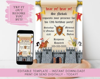 Medieval Birthday Party Invitation Template: Knights Event (Digital Download)