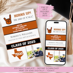 Texas Longhorn Graduation Announcement Template - Photo Editable Invite | Editable Graduation Invite with Texas Longhorn Theme | Texas Grad