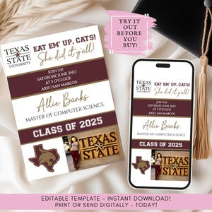 Faire-part pour diplômés de l'État du Texas avec photo | Faire-part personnalisé pour diplômé - Texas State University | TXST Graduation imprimable avec photo