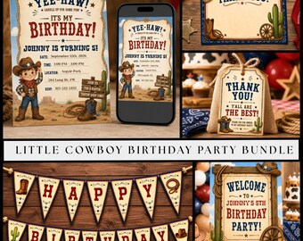 Paquete de fiesta de cumpleaños de pequeño vaquero, decoraciones del salvaje oeste, paquete de fiesta de rodeo imprimible, decoración de cumpleaños del oeste editable, descarga digital