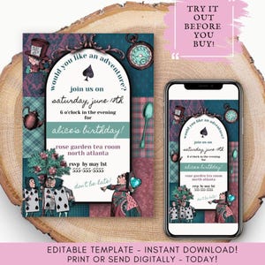 Alice in Wonderland Birthday Invitation: Editable Tea Party Invite (Digital Download)