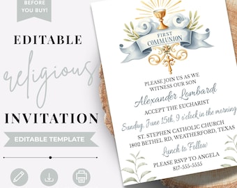 First Communion Invitation Editable Template Catholic Cross Eucharist Invite