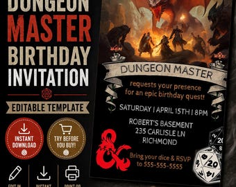 Dungeon Master Birthday Invitation Editable Template Fantasy RPG Gamer Party Invite