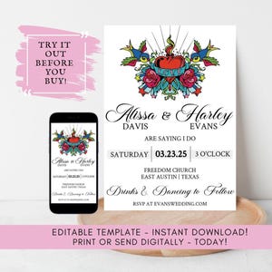 Rockabilly Wedding Invitation Template: Tattoo Heart, Roses (Digital Download)