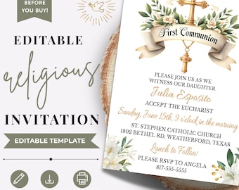 First Communion Invitation Editable Template Catholic Eucharist Invite Girl Floral Cross Printable Download