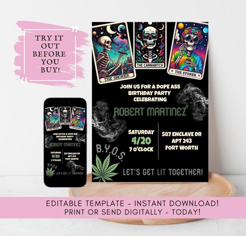 420 Birthday Invitation Editable Template Cannabis Party Tarot Edgy ...