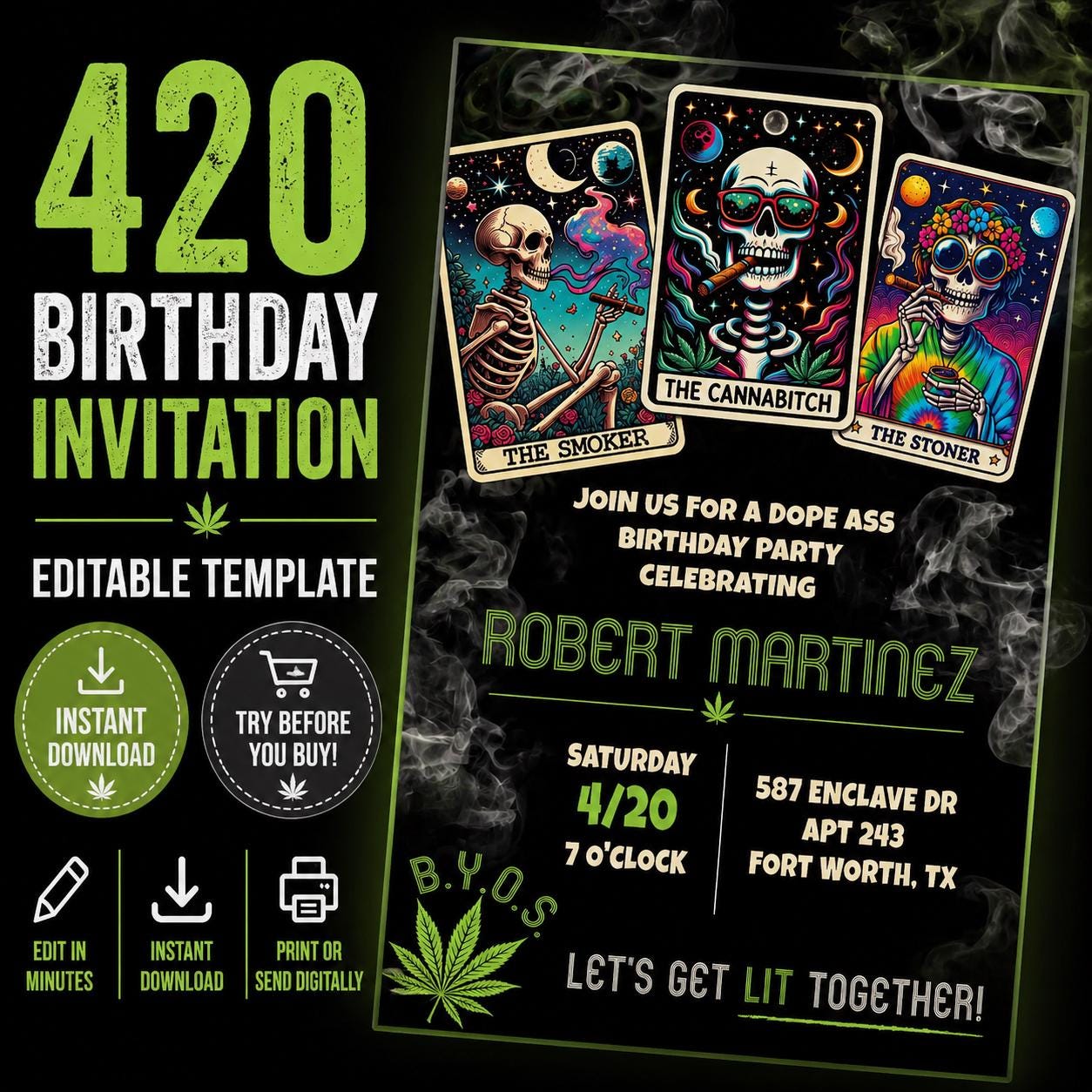 420 Birthday Invitation Editable Template Cannabis Party Tarot Edgy ...