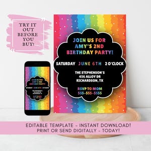 Rainbow Birthday Party Invite Custom Invitation Template Colorful Event Personalized Printable Instant Download Digital Share Phone