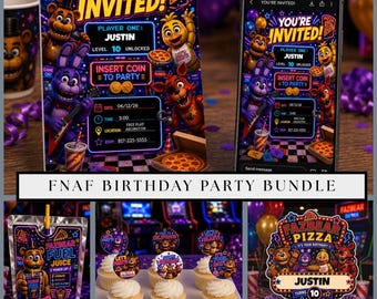Freddy Five Nights Invitation Party Bundle Printable FNAF Birthday Decor Set