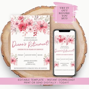 Modelo de convite para festa de aposentadoria | Convite digital floral | Cartão de comemoração de aposentadoria editável e imprimível | Download instantâneo