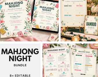 Könnte beinhalten: Ein Mahjong-Abend-Papeterie-Set mit bearbeitbaren Vorlagen, darunter Einladungen, Tischzuweisungen, eine Kurzanleitung für Anfänger und ein Gastgeber-Leitfaden, verziert mit Illustrationen von Mahjong-Steinen, Bambuszweigen und rosa Blüten.