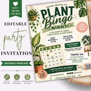 May include: An editable party invitation template for a Plant Bingo Night. The flyer features green text, botanical illustrations of potted plants, a bingo card graphic, event details for September 12 at 7:00 PM, and a QR code for ticket purchases.