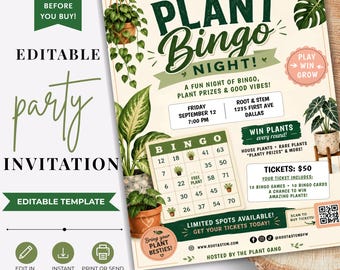 植物ビンゴナイトテンプレートバンドル、編集可能なイベント招待状、5x7、8.5x11フライヤー、ソーシャルメディア投稿