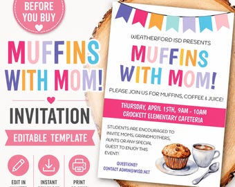 Szablon ulotki na Dzień Matki z zaproszeniem na imprezę szkolną „Muffins With Mom”