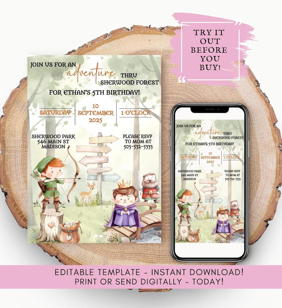 Robin Hood Watercolor Birthday Invitation | Editable Kids Template ...
