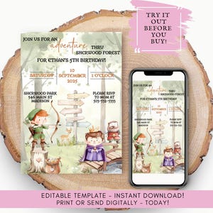 Invitation d'anniversaire aquarelle Robin des Bois | Modèle modifiable pour enfants | Invitation d'anniversaire de forêt de Sherwood | Téléchargement instantané | Imprimable