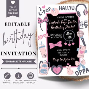 May include: An editable birthday invitation with a black background and pink and white accents. The invitation includes the text "Taylor's Pop-Tastic Birthday Party!" and decorative elements like hearts, bows, and a microphone.
