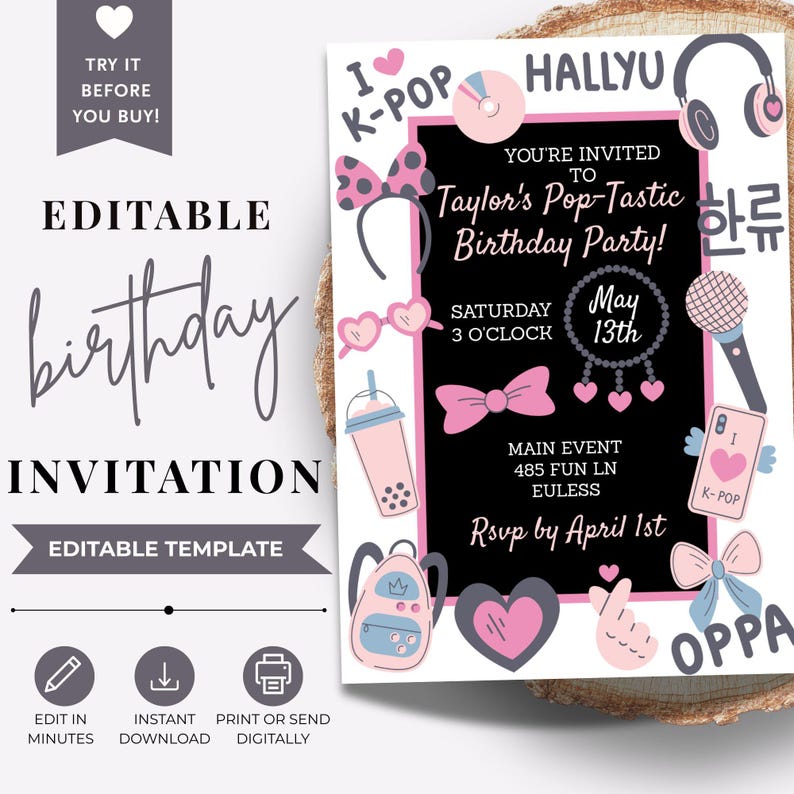 May include: An editable birthday invitation with a black background and pink and white accents. The invitation includes the text "Taylor's Pop-Tastic Birthday Party!" and decorative elements like hearts, bows, and a microphone.
