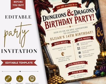 ダンジョンズ＆ドラゴンズの誕生日招待状、RPGパーティー招待状、ソーシャルメディア告知、編集可能なファンタジークエストテンプレート、D&D
