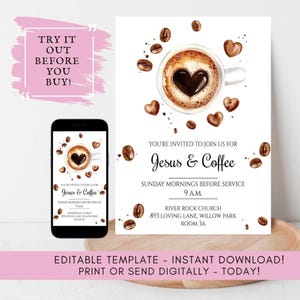 Jesus & Coffee Invitation Template - Editable Church Event Invite | Coffee and Christ Invitation Bible Study Fellowship Gathering | Sunday
