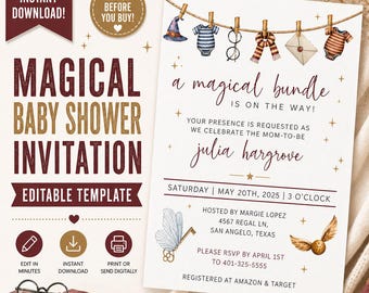 Wizard Baby Shower Invitation Editable Template Magical Owl Fantasy Boy Invite