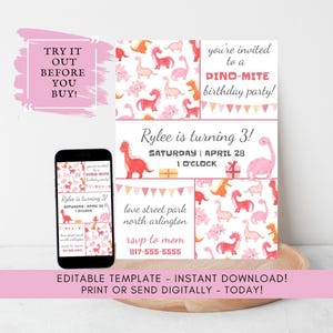 Pink Dinosaur Birthday Invitation Template: Editable Dino Party (Digital Download)