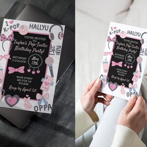 May include: A white invitation card with a black border, featuring pink and gray illustrations of headphones, bows, and hearts. The text reads "Taylor's Pop-Tastic Birthday Party!" with the date and time.