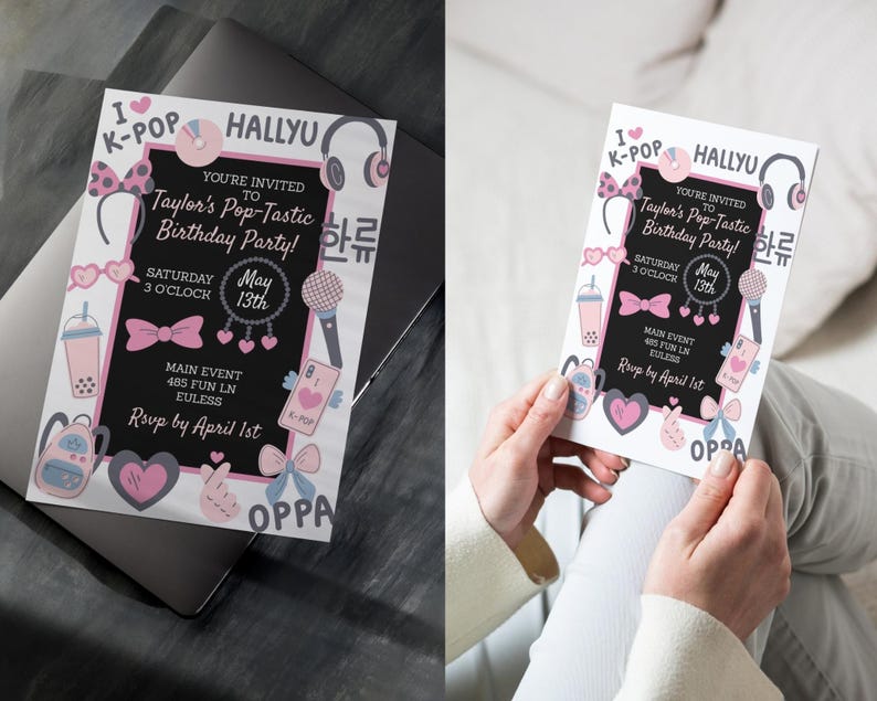 May include: A white invitation card with a black border, featuring pink and gray illustrations of headphones, bows, and hearts. The text reads "Taylor's Pop-Tastic Birthday Party!" with the date and time.