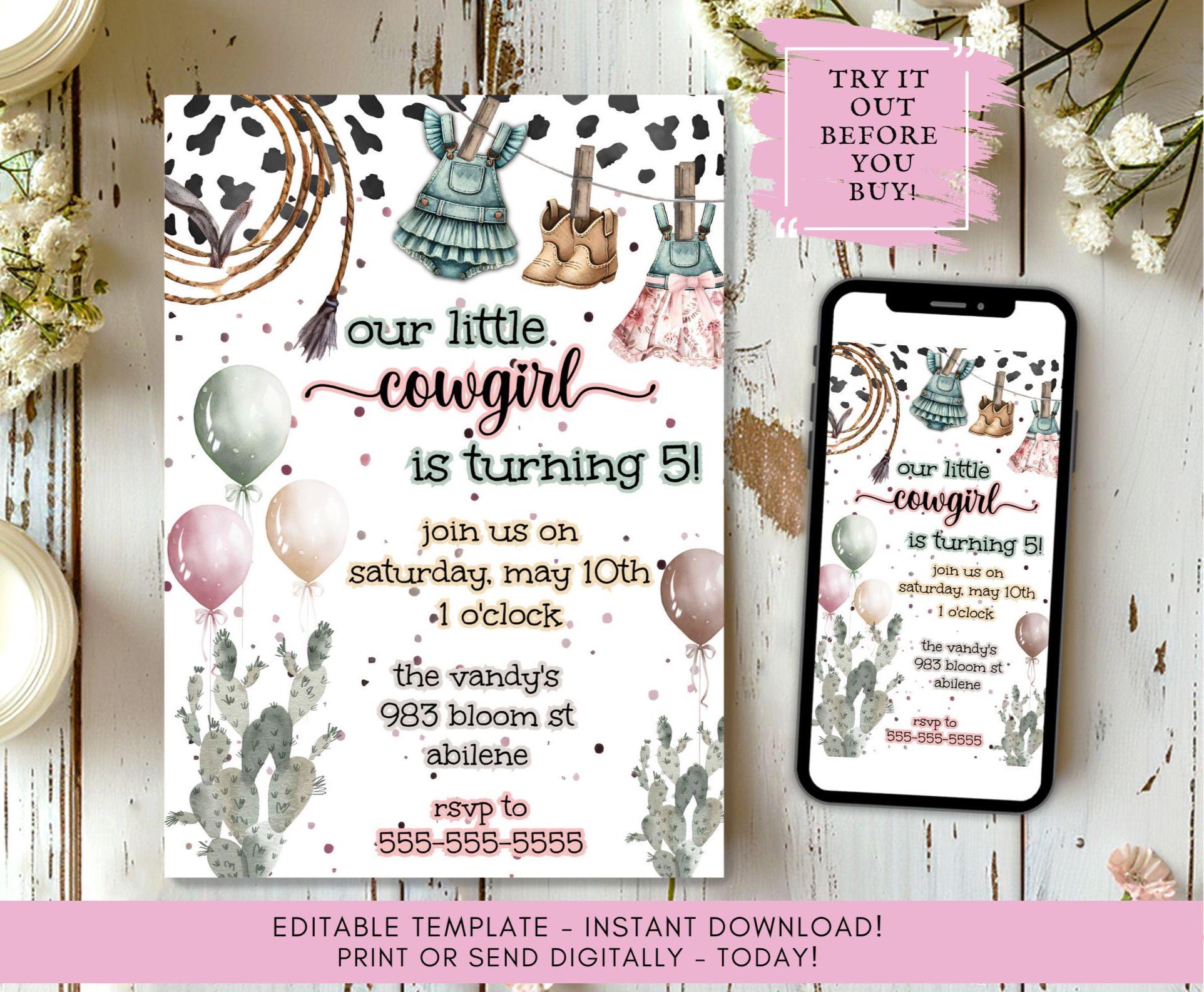 Editable Cowgirl Birthday Invitation: Western Rodeo Party (Digital Download)