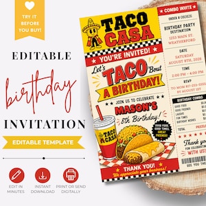 Può includere: Un colorato invito di compleanno a tema taco. Il design presenta il testo "TACO CASA" e "Let's Taco 'Bout a Birthday!" con un'illustrazione di cartoni animati di taco e bevande. L'invito include campi modificabili.