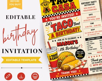 Retro Taco Birthday Invitation Template Editable Fast Food Fiesta Party Invite