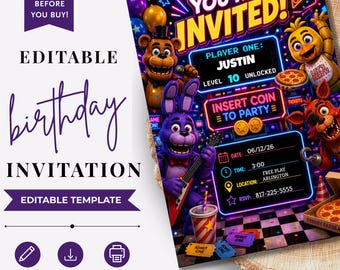 Freddy Five Nights Birthday Invitation FNAF Invite Digital Download Printable