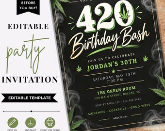 420バースデー招待状テンプレート、編集可能な大麻パーティー招待状、ウィードバースデーバッシュ、21歳以上向けデジタル招待状