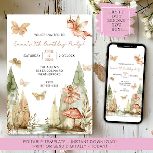 Puede incluir: Una invitación digital para la fiesta de 4º cumpleaños de Emma, con un tema de hadas y unicornios. El diseño incluye mariposas, árboles y setas, con el texto "You're Invited To Emma's 4th Birthday Party!" e información de RSVP.