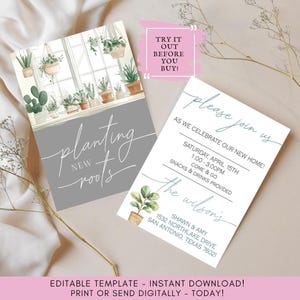 Convite para festa de inauguração | Tema de plantas para impressão | Festa de inauguração | Design editável | Convite para festa de inauguração frente e verso | Plantando raízes
