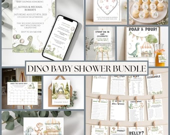 Dinosaur Baby Shower Templates Editable Dino Party Decor Games Printable Bundle Pack
