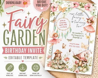 Invitación de cumpleaños editable con temática de jardín de hadas y bosque encantado para niñas.