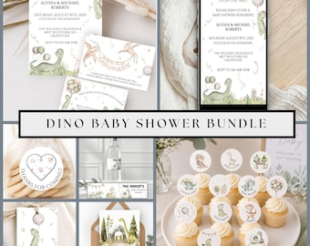 Zestaw na baby shower z dinozaurem, zielone szablony na baby shower, edytowalny zestaw zaproszeń, dekoracje na imprezę z dinozaurem, natychmiastowe pobranie