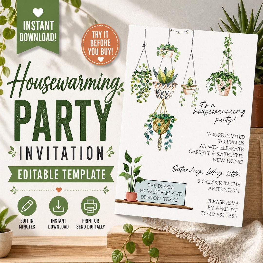 Housewarming Invitation Editable Template Boho Plant Greenery New Home ...