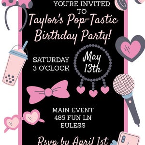 May include: A K-Pop themed birthday party invitation with a black background and pink accents. The invitation includes text, hearts, bows, headphones, and a microphone. The party is on May 13th.